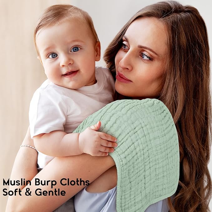 Muslin Burp Cloths for Baby 100% Cotton Burping Cloths for Boys Girls Large 20''X10'' Extra Soft and Absorbent 12 Pack - White and Green