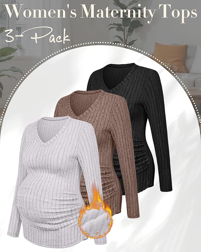 Ficerd 3 Pack Women's Maternity Shirts Ribbed Long Sleeve Pregnancy Tops V Neck Knit Side Ruched Pregnant Clothes Sweater