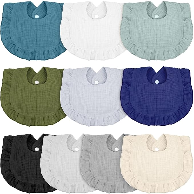 Seematn 10 Pcs Baby Muslin Bibs Drool Bibs Bandana Ruffle Soft Cotton for Newborn Baby Infants Girl Teething Toddlers Boy(Cool Colors)