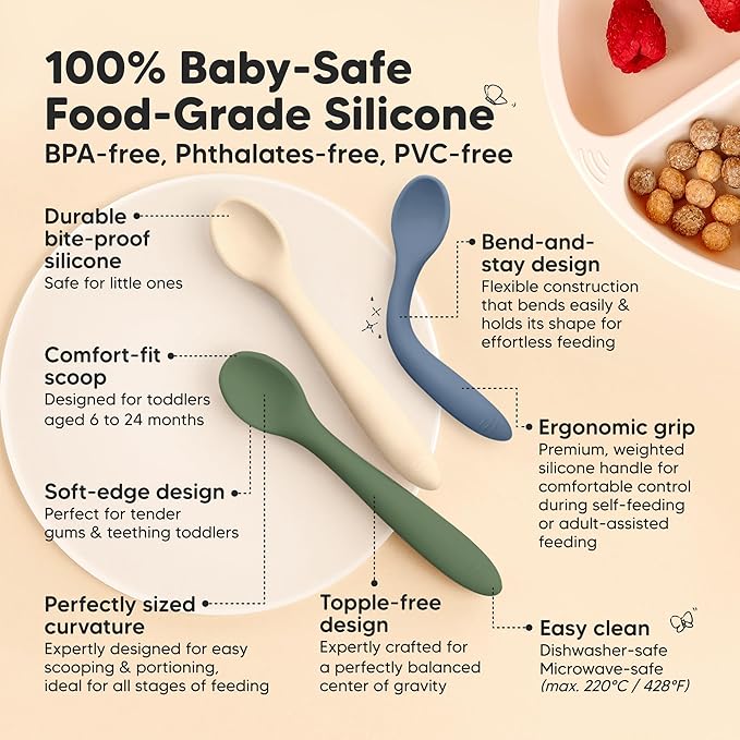 KeaBabies Silicone Baby Spoons, Self Feeding 6-12 months - 3-Pack Baby Weaning Eating Utensils, Toddler First Food Training Spoon, Infant, Kids Feeding Supplies Essential Set, Dishwasher-safe (Slate)