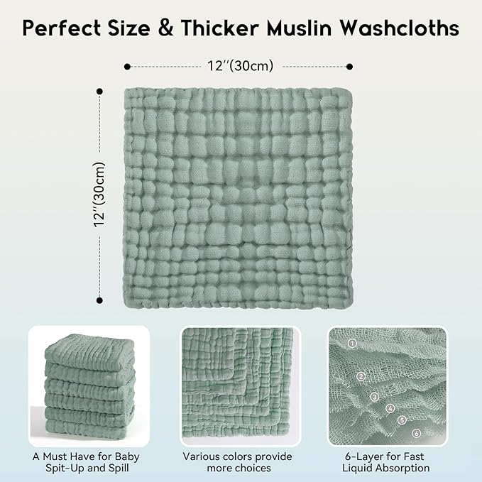 Muslin Baby Washcloths 6 Pack, 100% Cotton Wash Cloths for Babies, Large 12''X12'' Burp Cloths Absorbent and Soft for Newborn Infants Kids Boys Girls - Dark Green