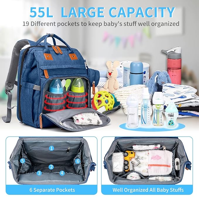 KABAQOO Diaper Bag Backpack with Detachable Changing Station, Large Capacity Baby Diaper Bags for Boys & Girls, Baby Registry Search Stuff & Shower Gifts, Newborn Essentials Must Haves, Blue