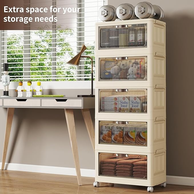 5 Tier - 48QT Storage Bins with Lids, Collapsible Storage Bins with Doors and Wheels, Plastic Storage Cabinet for Easy Storage and Organization for Living Room, Office