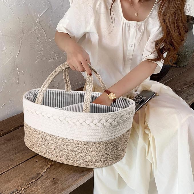 Maliton Baby Diaper Caddy Organizer, X-Large Cotton Rope, Rustic Style, Portable, 3 Compartments, A-Brown
