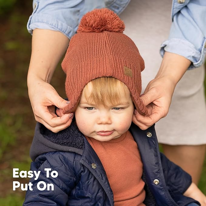 Baby Beanies, Baby Hats for Boys, Girls - Cute Toddler Winter Hat, Soft & Stretchy Beanies for Infant, Newborn 6-36 Months, Cozy & Warm with Earflap Muff & Pom (Latte)