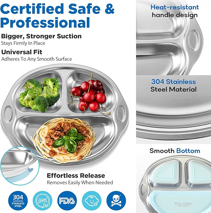 Stainless Steel Baby Suction Plates: Divided Plates for Babies and Toddlers, Made of 100% Food-Grade Materials Ideal for Baby-Led Weaning BPA-Free Toddler Feeding Dishwasher Safe PINK