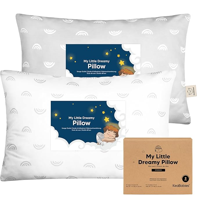 KeaBabies 2-Pack Toddler Pillow 13x18 - Soft Organic Cotton Kids Travel Bed Pillows for Sleeping, School, Nap, Machine Washable, Toddlers 2 to 5, Pillowcase Sold Separately (Gray Rainbow)