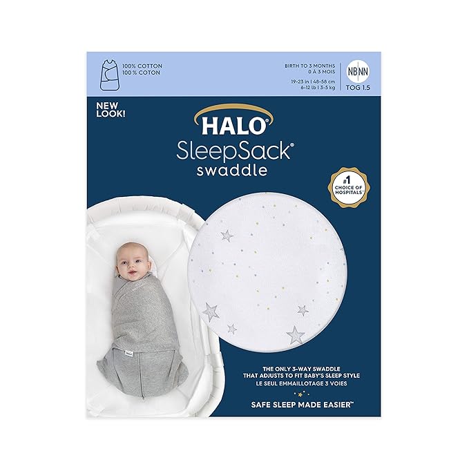 HALO 100% Cotton Sleepsack Swaddle, 3-Way Adjustable Wearable Blanket, TOG 1.5, Stardust, Small, 3-6 Months