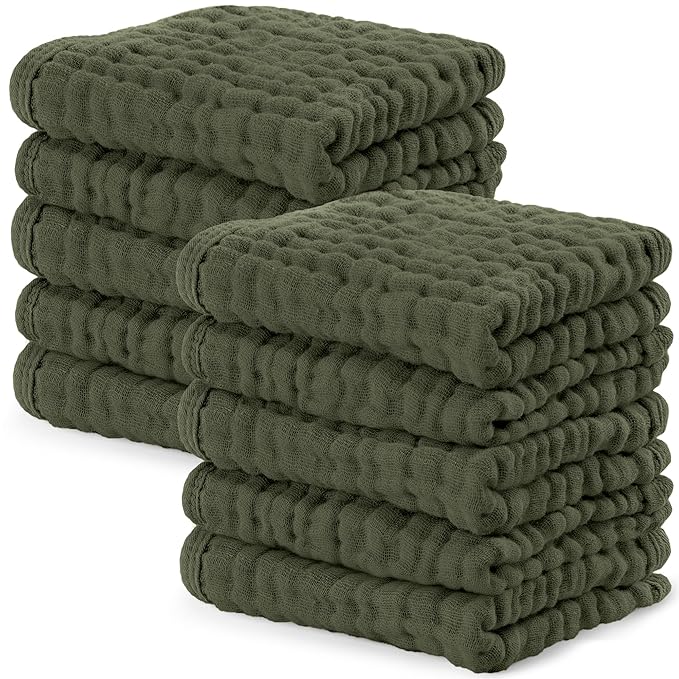 Comfy Cubs Muslin Baby Washcloths 10 Pack - Soft 6-Layer Cotton Wash Cloths for Sensitive Skin - 10"x10" Large, Gentle, Absorbent Infant Essentials for Newborn and Toddlers - Kelp