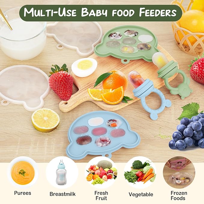 WAJIAYON Baby Breastmilk Popsicle Molds & Babies Fruit Feeder (4 Pack), Infant Food Freezer Tray Storage Containers, Silicone Teething Pacifier Feeder and Teether for Babies,Baby Feeders（Green）