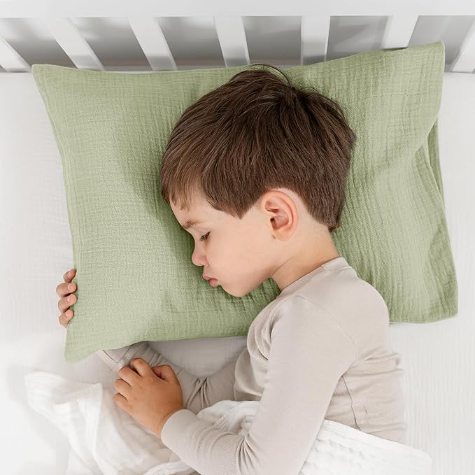 Comfy Cubs Toddler Pillow with Muslin Pillowcase, 13 x 18 in, 2 Pack - Travel and Sleep Support for Kids - Lightweight, Breathable Microfiber Fill - Soft and Cozy Small Pillow for Toddlers - Sage