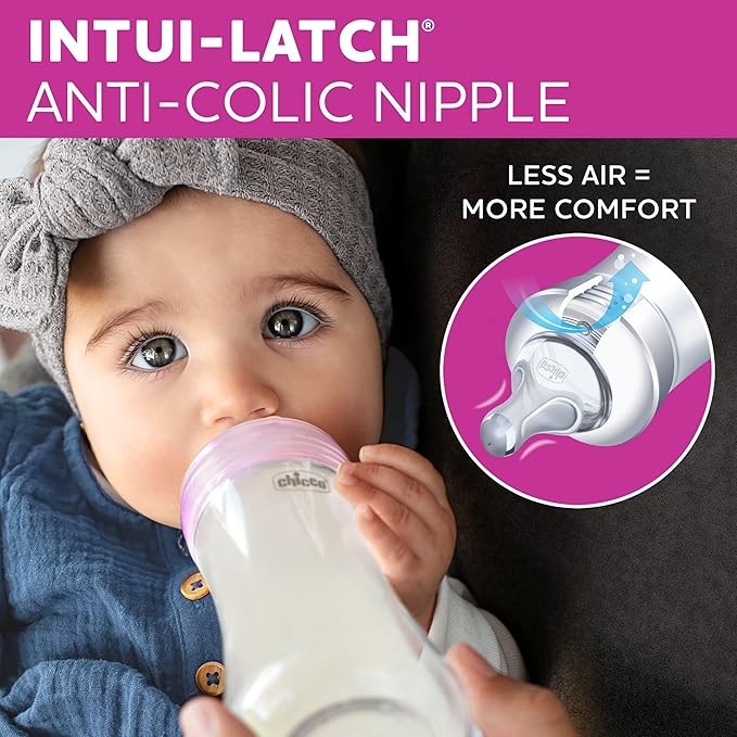 Chicco Duo 9oz. Hybrid Baby Bottle with Invinci-Glass Inside and Plastic Outside | Dishwasher, Bottle Warmer, and Electric Sterilizer Safe | Intui-Latch Nipple | Clear/Pink, 2pk