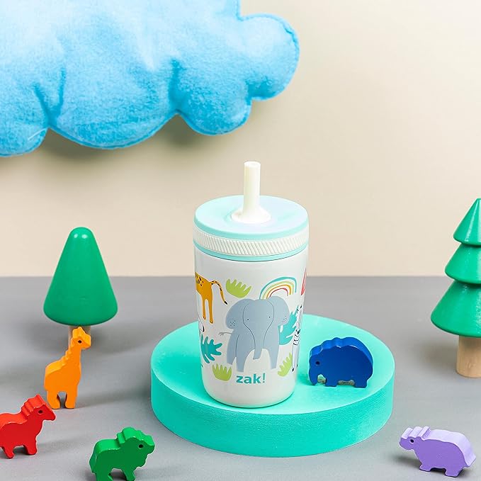Zak Designs Kelso Toddler Cups For Travel or At Home, 12oz Vacuum Insulated Stainless Steel Sippy Cup With Leak-Proof Design is Perfect For Kids (Safari)