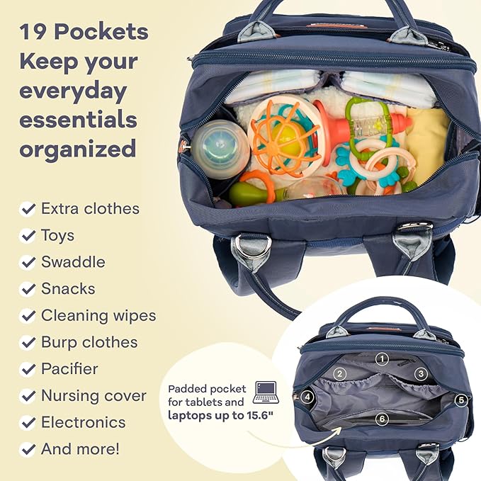 RUVALINO Diaper Bag Backpack, Multifunction Travel Back Pack Maternity Baby Changing Bags, Diaper Changing Totes, Waterproof and Stylish, Navy Blue