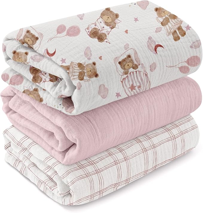 GLLQUEN BABY Muslin Swaddle Blankets,3-Pack Receiving Blanket for Newborn Boys and Girls,Baby Swaddle Blanket Unisex,Little Bear,Baby Essentials, Registry & Gift, 40 x 38 inches