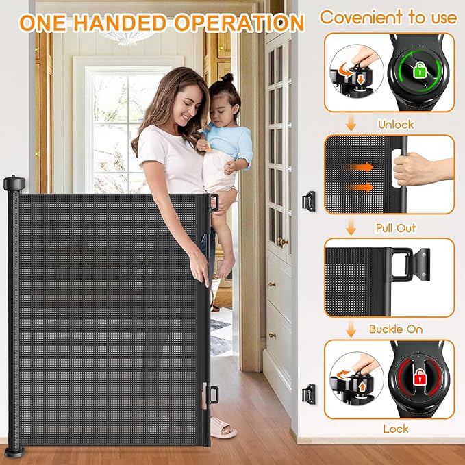 55 Inch Retractable Baby Gates Extra Wide, 41 Inch Reinforced Extra Tall Gate Mesh Safety Gate for Kids Pets, Retractable Dog Gate Baby Retractable Gate for Stair Hallway Doorway Indoor Outdoor, Black