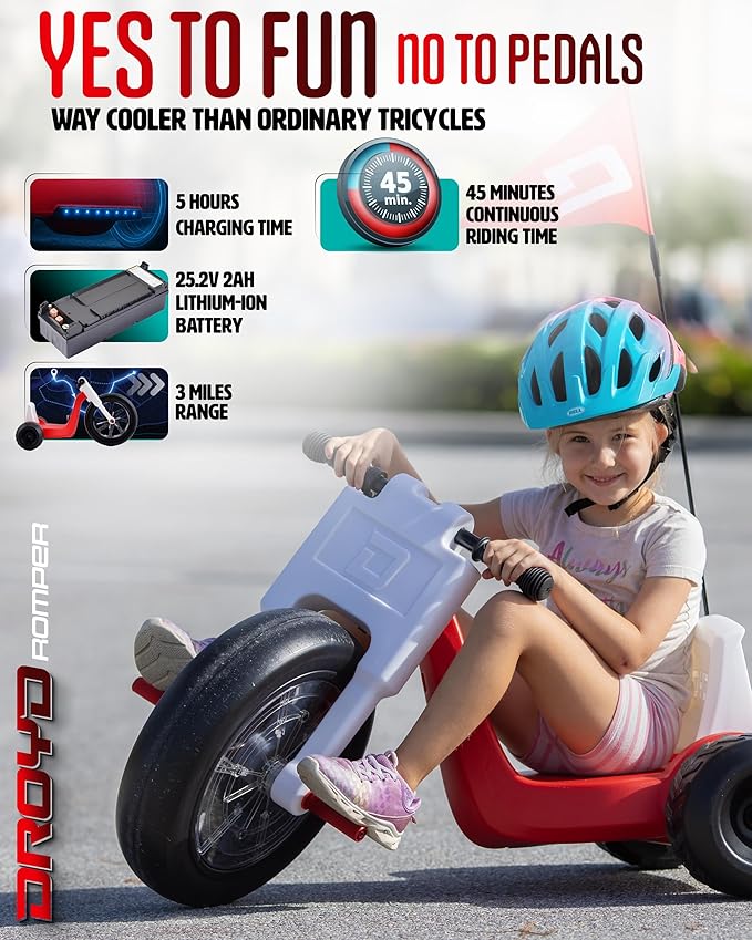 Droyd Romper Electric Tricycle for Kids 3+ Years, 24V Toy 3-6 MPH Max Speed & 45 Mins Max Long Lasting, Parental Speed Control Safe Trike with Adjustable Seat & LED Lights for Kids Gifts