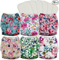Mama Koala 3.0 Pocket Cloth Diapers for Babies with AWJ Lining, 6 Pack with 6 5-Layer Natural Cloth Diaper Inserts - Reusable and Washable Pocket Diapers(A-Bloomin' Lovely)
