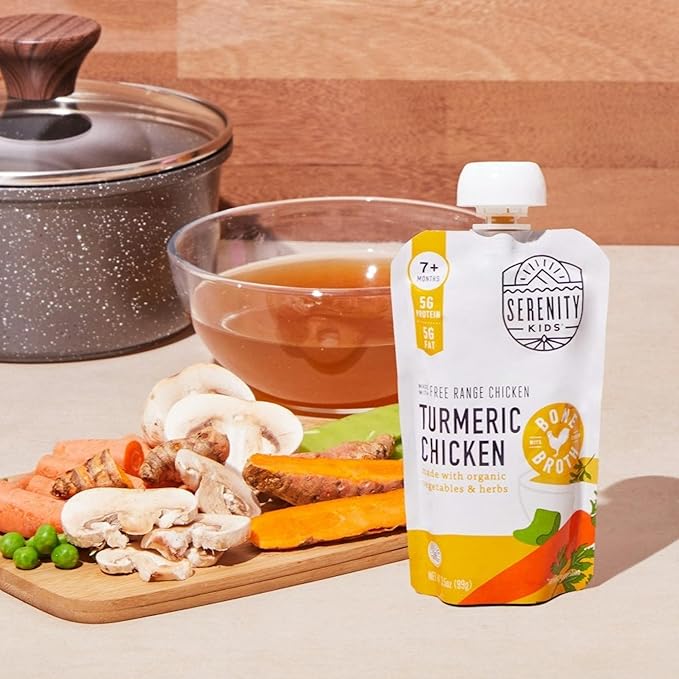 Serenity Kids 7+ Months Chicken Puree Pouch with Bone Broth - Pasture-Raised Turmeric & Veggie Blend - Clean Label Project Purity Award Certified - 3.5 Oz, 12 Pack