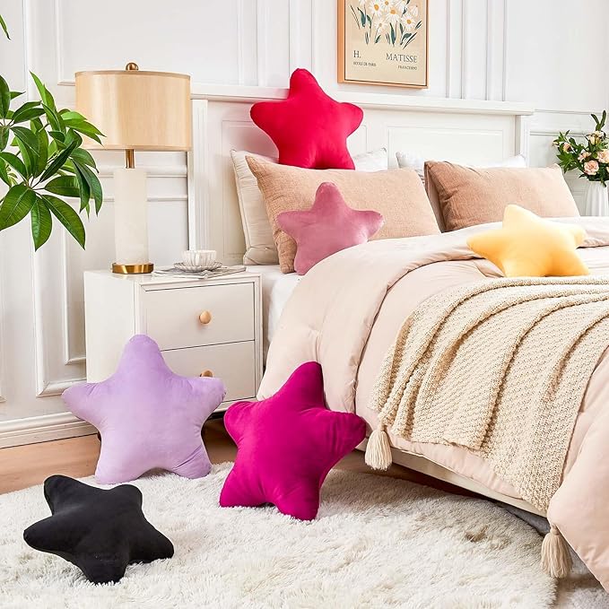Hot Pink Star Throw Pillow, Cute Star Pillow Room Decor, Soft 14.9" Star Shaped Decorative Throw Pillow for Bedroom, Star Plush Floor Cushions Pillows