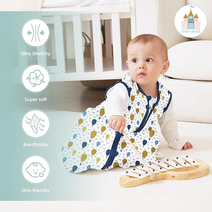 Cute Castle Baby Sleep Sack 18-24 Months - Lightweight 100% Cotton 2-Way Zipper TOG 0.5 Infant Wearable Blanket, Newborn Essentials Toddler Sleep Clothes, 3 Pack(Blue, Balloons, Animals)