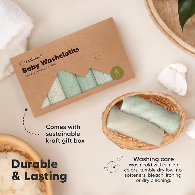6-Pack Baby Washcloths - Soft Absorbent Viscose from Bamboo Wash Cloths for Babies, Kids, Toddlers, Infant, Newborn Bath Towels, Gentle on Sensitive Skin, 10x10 Reusable Face Towels (Hills)