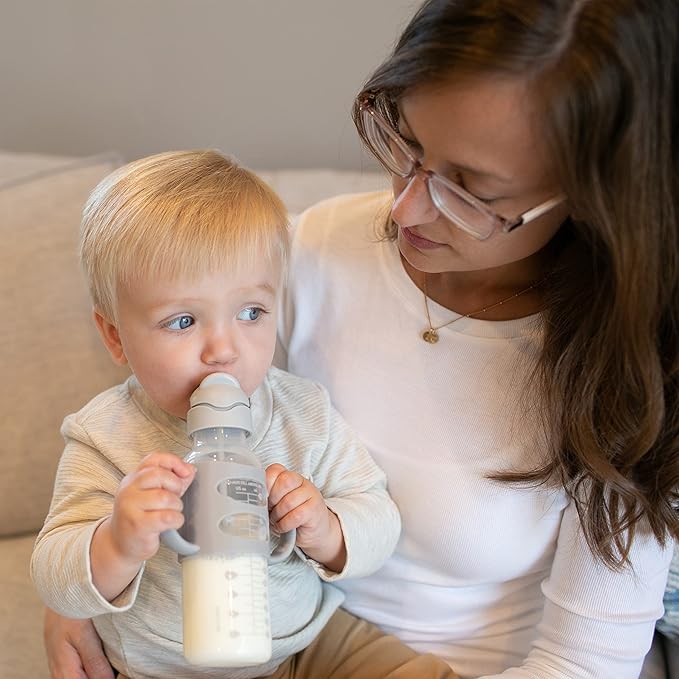 Dr. Brown's Milestones Narrow Sippy Straw Bottle, Spill-Proof with 100% Silicone Handles and Weighted Straw, 8 oz/250 mL, Gray, 6m+
