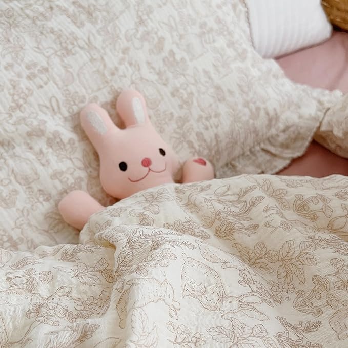 BuLuTu Muslin Cotton Pillowcase King Pillow Cover for Kids Adults Cute Rabbits Flower Pattern Pillowcases with Envelope Closure, 20x36 inch, 1 Piece, Forest, Machine Washable