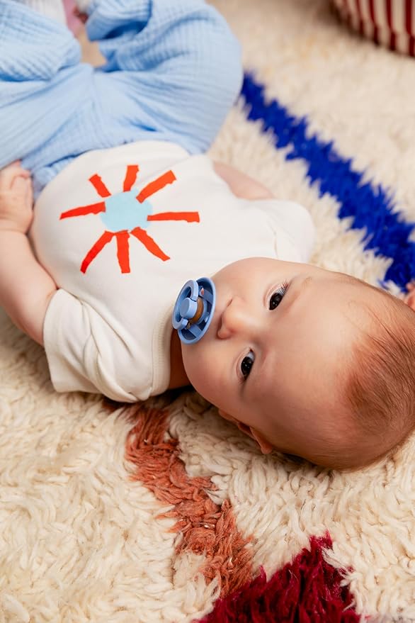 BIBS Pacifiers - Studio 2 Pack | Round Nipple Baby Pacifier | BPA Free Natural Rubber Latex Soother | Made in Denmark | Size 0+ Months | Morning Bloom Dusty Blue