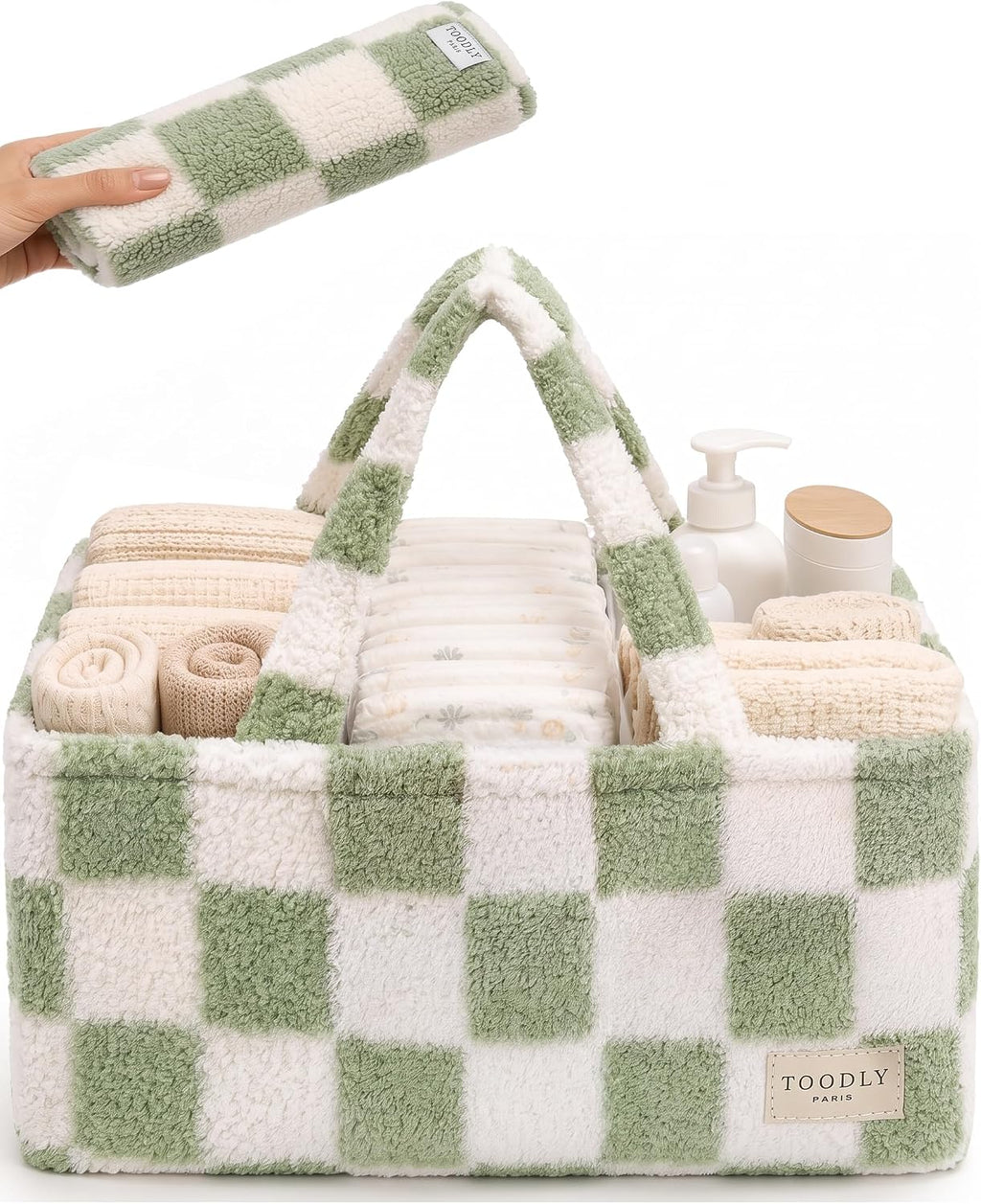 Checkered Diaper Caddy Organizer with Portable Changing Mat - Teddy Fleece Diaper Organizer for Changing Table - Caddy Organizer with Removable Dividers - Green and White