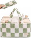 Checkered Diaper Caddy Organizer with Portable Changing Mat - Teddy Fleece Diaper Organizer for Changing Table - Caddy Organizer with Removable Dividers - Green and White