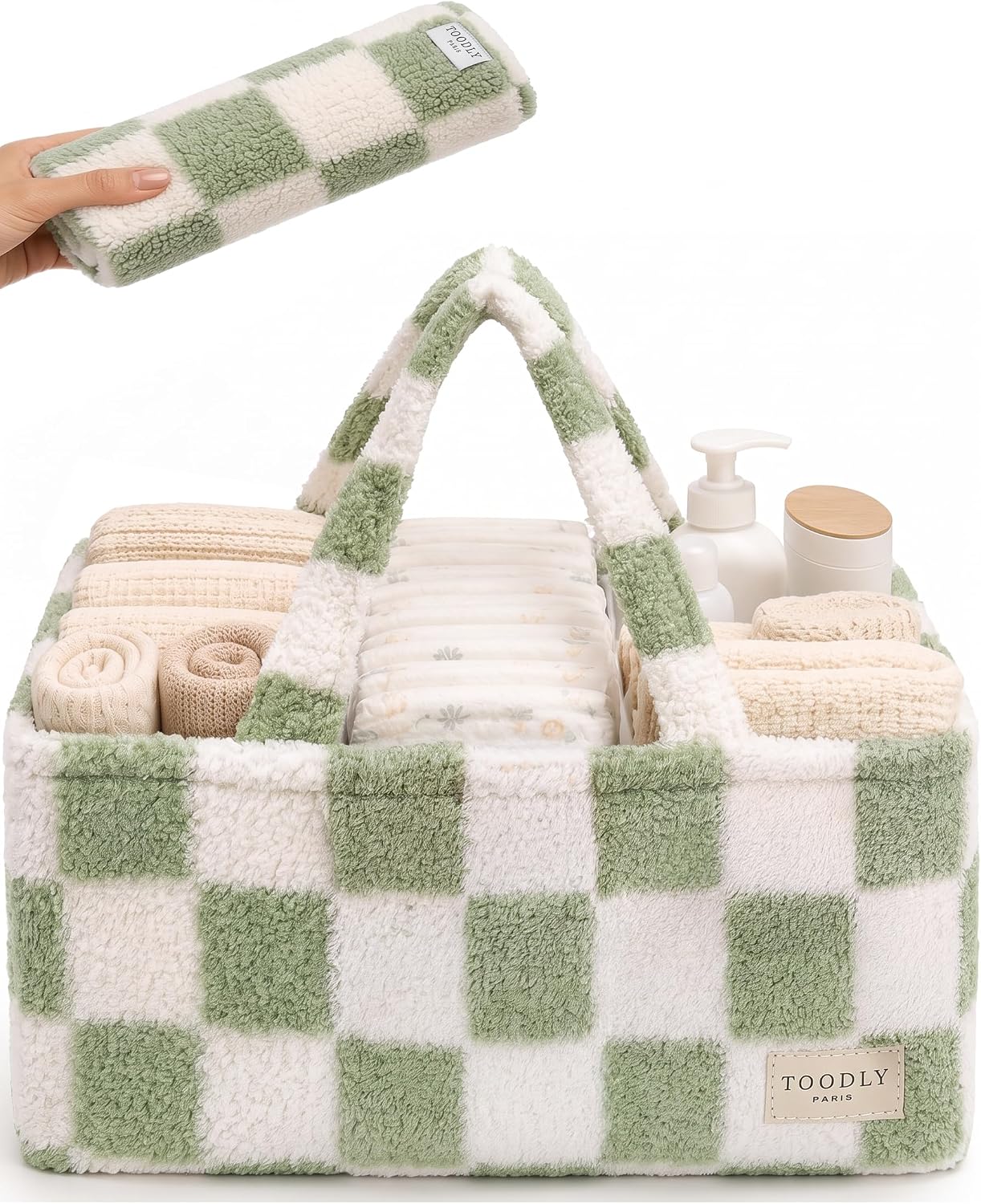 Checkered Diaper Caddy Organizer with Portable Changing Mat - Teddy Fleece Diaper Organizer for Changing Table - Caddy Organizer with Removable Dividers - Green and White