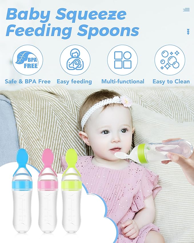 3 Pack Baby Food Feeder, 3 Oz Silicone Baby Feeder, 3 Colors Food Dispensing Spoon, Squeeze Spoon for Boys Girl Kids Toddlers