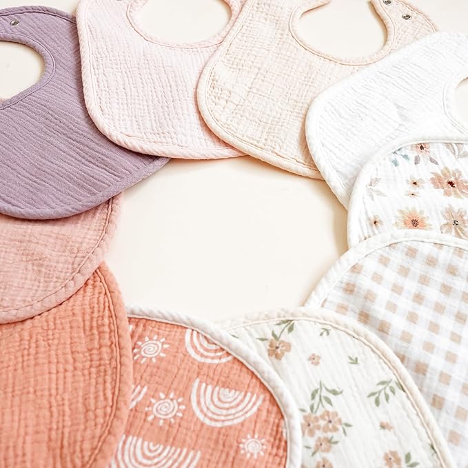 Konssy 10-Pack Muslin Baby Bibs, Soft Cotton Bandana Bibs for Drooling & Teething, Unisex Solid Colors for Boys & Girls, Newborn & Infant