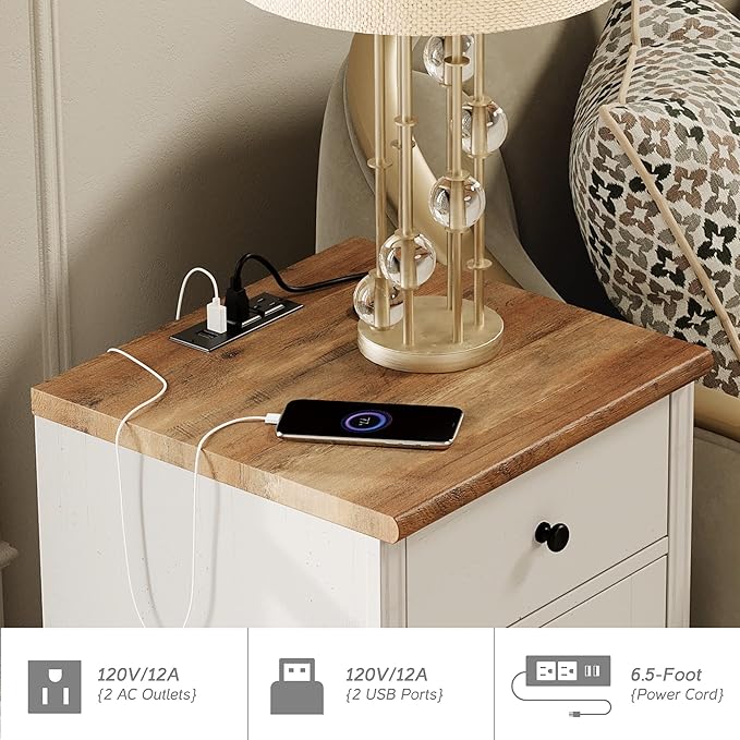WAMPAT Dresser for Bedroom with 5 Drawers and 2 Storage Cabinet, Nightstands with Charging Station for Living Room, Mid Century Modern Kids Dressers with Wide Chest of Drawers for Nursery, White/Oak