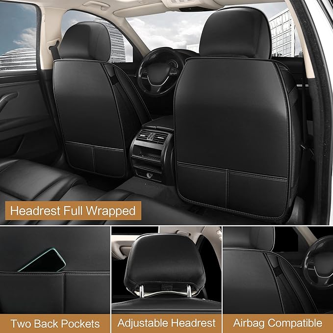 Pariitadin Leather Car Seat Covers Front Pair, Waterproof Faux Leather Seat Covers for Cars, Non-Slip Car Interior Covers Universal Fit for Most Cars Sedans Trucks SUVs, Black