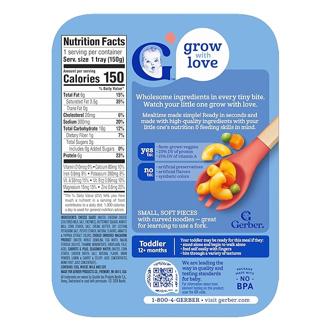 Gerber Mealtime for Toddler Macaroni & Cheese with Side of Seasoned Peas & Carrots, 6.6 Ounce (Pack of 8)