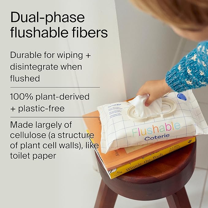Coterie Flushable Wipes for Sensitive Skin, Hypoallergenic, 99% Water, Plant-Based Fibers, Sewer + Septic Safe to Flush, Fragrance Free, Designed for Potty Training | 8 Packs (448 Wipes)