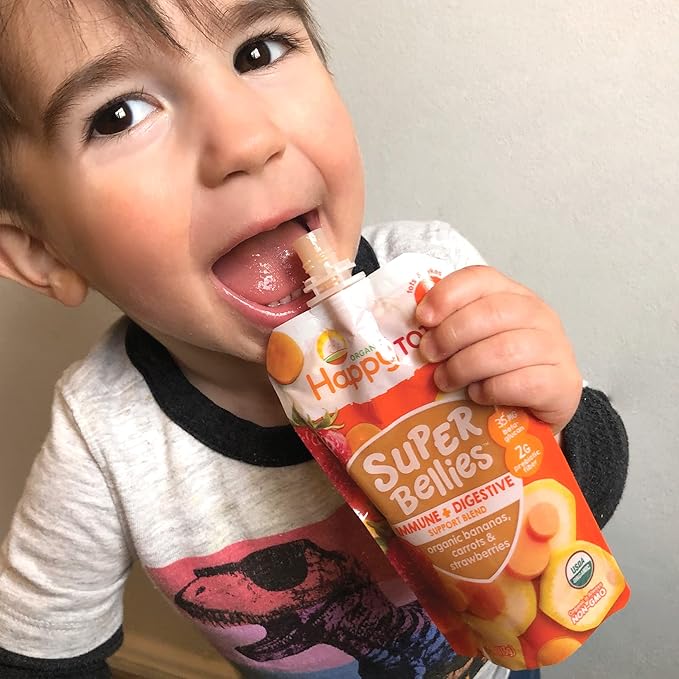 Happy Tot Organics Stage 4 Baby Food Pouches, Gluten Free, Vegan Snack, Super Bellies, Fruit & Veggie Puree, Banana, Carrot & Strawberry 4 Ounce (Pack of 16)