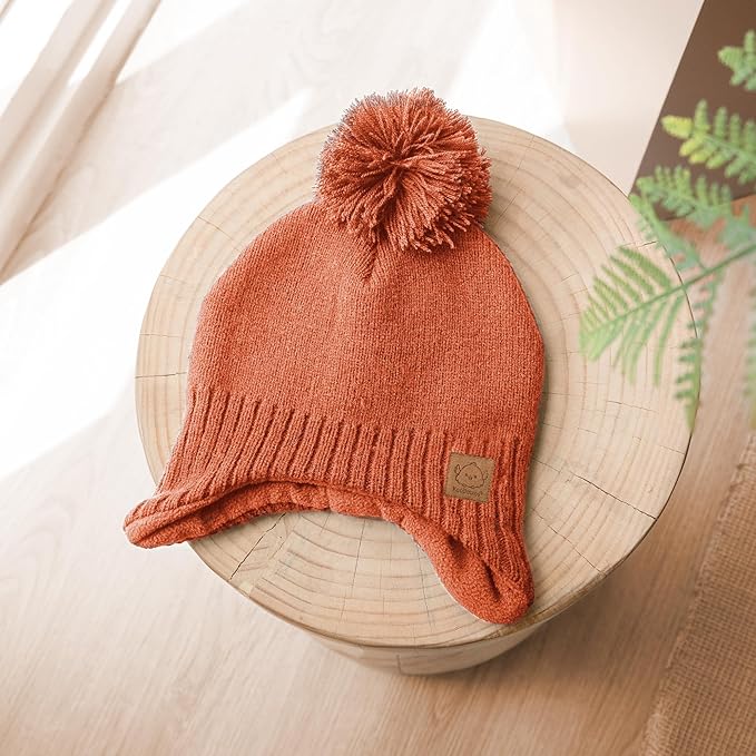 Baby Beanies, Baby Hats for Boys, Girls - Cute Toddler Winter Hat, Soft & Stretchy Beanies for Infant, Newborn 6-36 Months, Cozy & Warm with Earflap Muff & Pom (Tea Rose)