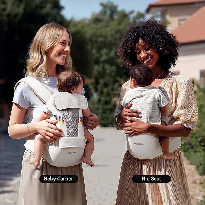 Baby Carrier with Hip Seat, BeBeBus 2-in-1 Ergonomic Newborn to Toddler Carrier up to 44 lbs, Detachable Hands-Free for Infant, All Season Forward-Facing Carry, Fits Waist Sizes up to 38 inch (White)