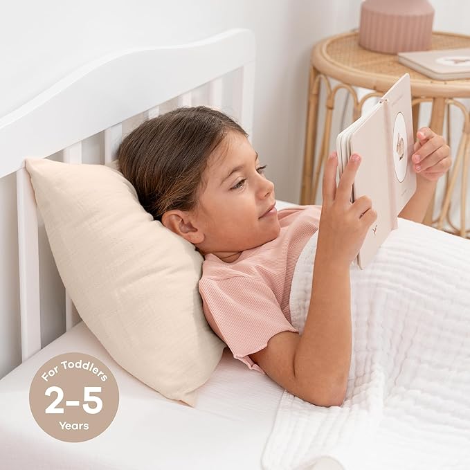 Comfy Cubs Toddler Pillow with Muslin Pillowcase, 13 x 18 in - Travel and Sleep Support for Kids - Lightweight, Breathable Microfiber Fill - Soft and Cozy Small Pillow for Toddlers - Cream