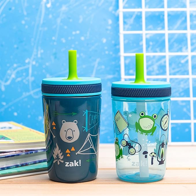 Zak Designs Campout and Camping Kelso Tumbler Set, Leak-Proof Screw-On Lid with Straw, Bundle for Kids Includes Plastic and Stainless Steel Cups with Bonus Sipper, 3pc Set, Non-BPA