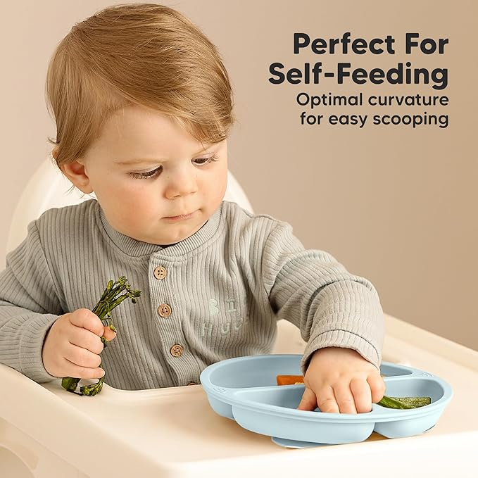 KeaBabies Suction Plates for Baby, Toddler - 3-Pack 100% Silicone Toddler Plates with Suction, Divided, BPA-Free Baby Led Weaning Essentials for Kids, Dishwasher, Microwave Safe, Durable (Alps)