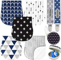 Dodo Babies Cotton Burp Cloths - Absorbent Cotton Baby Essentials - Contoured Shoulder for Baby Boy Essentials - Pacifier Clip & Case Included - 8-Piece Set, 19 x 9 in, Black/Blue/Gray