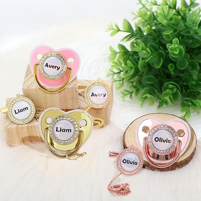 Custom Pacifier with Name, Personalized Pacifier Set with Gift Box, Glitter Crystal Luxury Bling Soother Dummy Ideal Gift for Boys Baby Shower Birthday Christmas Newborn Photography(Blue)