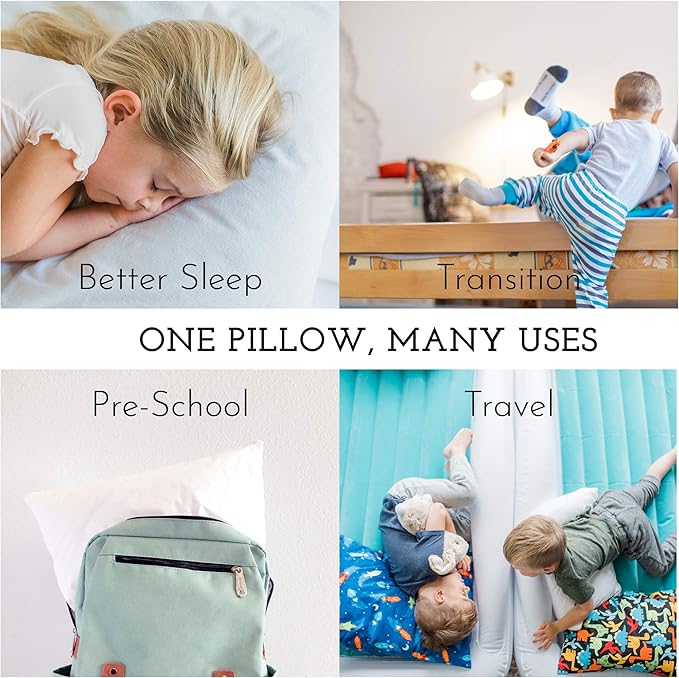 Little Sleepy Head Toddler Pillow with Pillowcase 13x18 - Kids Pillow for Sleeping - Better Neck Support Ergonomic Pillow and Toddler Pillowcase - Best Pillows for Kids (Dinosaurs White)