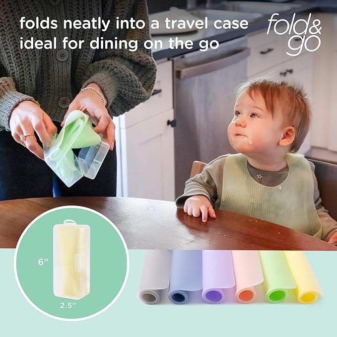 Olababy Fold N Go Silicone Placemat w Travel Case | Dishwasher Safe, BPA Free, Non-Slip, Waterproof | Mini Dining Mat for Infants, Babies, Toddlers and Kids (2, Pearl/Kiwi)