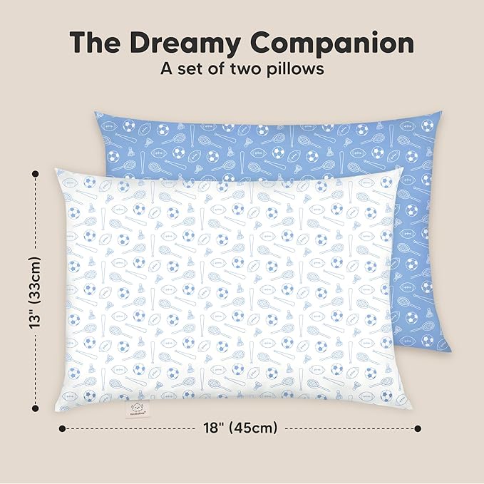 KeaBabies 2-Pack Toddler Pillow 13x18 - Soft Organic Cotton Kids Travel Bed Pillows for Sleeping, School, Nap, Machine Washable, Toddlers 2 to 5, Pillowcase Sold Separately (Sports)
