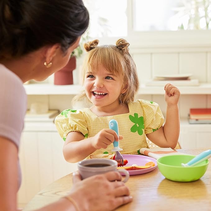 Munchkin® Raise™ Toddler Fork and Spoon Utensil Set, Rest Keeps Tip Off Table, BPA Free, 4 Pack, Blue/Green